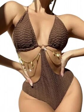 Brown Textured Cutout One-Piece Swimsuit with Gold Chain Accents